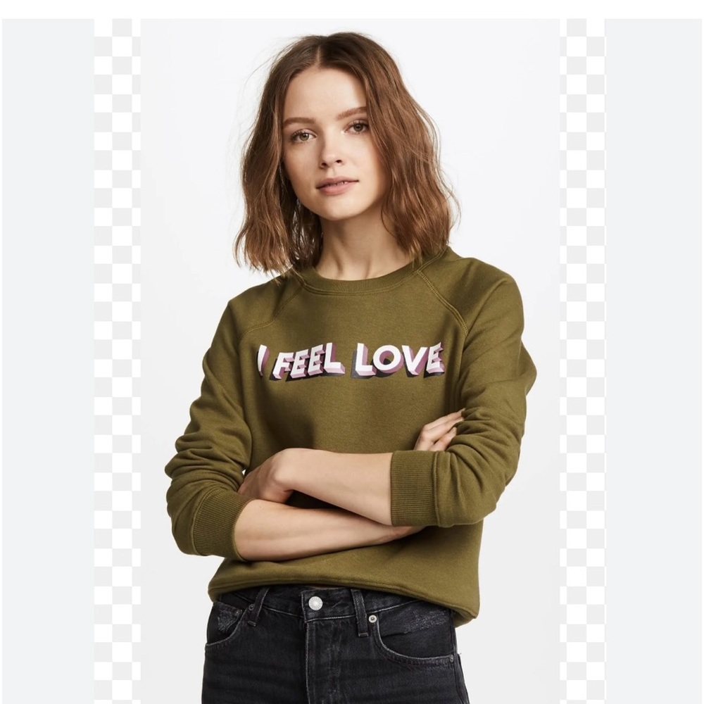 GUC Rebecca Minkoff Olive Green 'I Feel Love' Graphic Crewneck Sweatshirt SZ-S - Picture 2 of 13